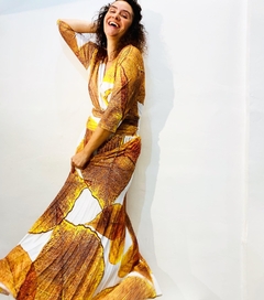 Vestido Sereia Saia Longa Plissado Jersey Crepe Folhas Douradas no na internet