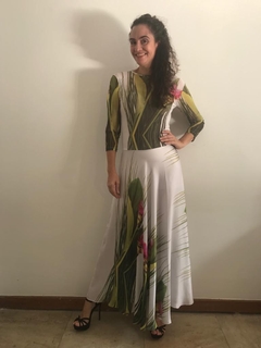 Vestido Longo Pele Evasê Tule/Cetim Folhagem