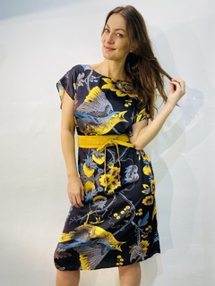 Image of Vestido Kaftan Curto Cetim Passaro Azul