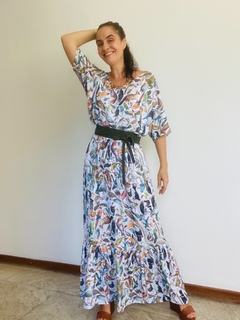 Image of Vestido Morcego Bab Longo Crepe Pássaros