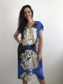 Vestido Kaftan Gola V Jersey Hortênsia Azul