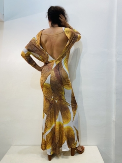 Vestido Longo Decote V Costas Jersey Folha Dourada - comprar online