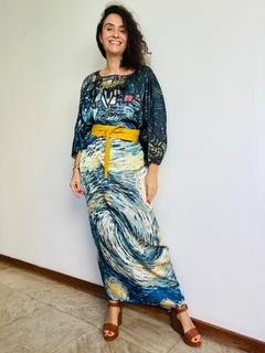 Vestido Maxi Longo Cetim Van Gogh Azul - ALESSA