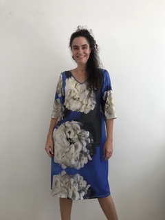 Vestido Curto Evasê Manga 3/4 Jersey Hortênsia Azul