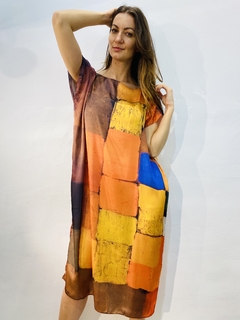 Vestido Kaftan Curto Cetim Quadrados