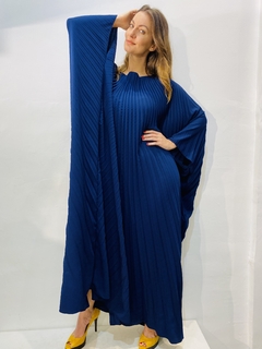 Vestido Plissado Longo Crepe Azul Marinho - loja online