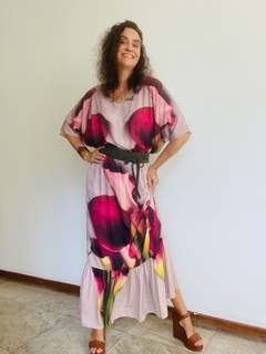 Vestido Morcego Babado Longo Crepe Calla Vermelha