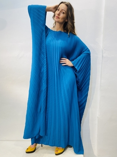 Vestido Plissado Longo Crepe Azul Piscina - ALESSA