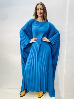 Vestido Plissado Longo Crepe Azul Piscina