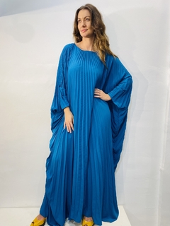 Vestido Plissado Longo Crepe Azul Piscina - loja online