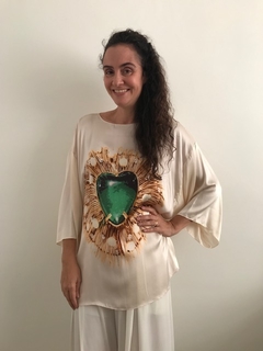 Blusa Manga Trapézio Seda Coração Verde