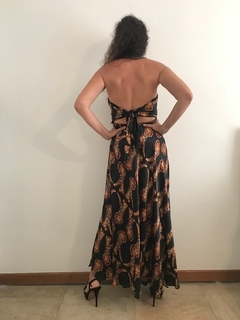 Vestido Longo Frente Única Evasê Seda Leopardo on internet