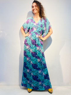 Vestido Longo Kaftan Social Maxi Seda Antúrio Azul - comprar online