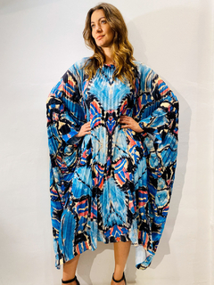 Vestido Maxi Curto Plissado Crepe Folhagem Azul - comprar online
