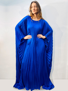 Vestido Plissado Longo Crepe Azul Bic