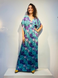 Vestido Longo Kaftan Social Maxi Seda Antúrio Azul - loja online