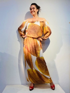 Vestido Cigana Saia Reta Crepe Folhas Douradas - comprar online