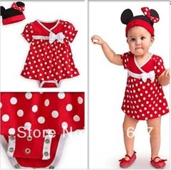 Set 2p importado disfraz de minnie, vestido y gorro con orejas y moño aplicado