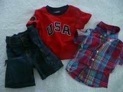 set importado Polo Ralph Lauren 3p rojo, camisa escocesa y remera bordadas y bermuda de jean - comprar online