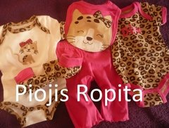 set importado 5p gatita print 2 bodys, babero, pantalon y zapatitos