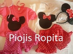 Set 3 p Conjunto disfraz Minnie remera con moño short con lunares y vincha con orejas