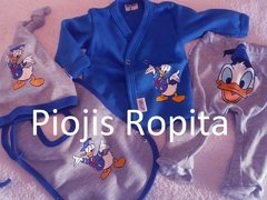 set ajuar 4p pato donald, gorro, babero, batita y pantalon regalo de nacimiento