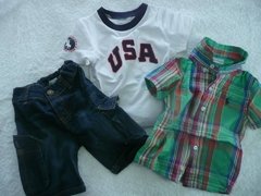 set importado Polo Ralph Lauren 3p,camisa escocesa y remera bordadas y bermuda de jean