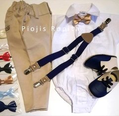 Traje 4P bautismo casamiento pantalón de vestir chupin beige moño tiradores azules y zapatos - comprar online