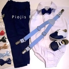 Traje 4P bautismo casamiento pantalón de vestir chupin azul moño tiradores celestes y zapatos - comprar online