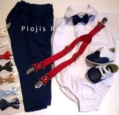 Traje 4P bautismo casamiento pantalón de vestir chupin azul moño tiradores rojos y zapatos en internet