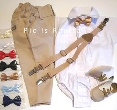 Traje 4P bautismo casamiento pantalón de vestir chupin beige moño tiradores beige y zapatos - comprar online