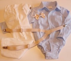 Set conjunto traje bautismo body camisa celeste pantalon moño y tiradores