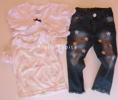 Set de jean con flores bordadas y perlas remera con broderie y torerita importada