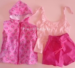 Set conjunto frutillitas de chaleco towel, musculosa con volados y short con pintitas