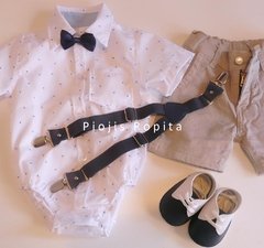 Set Fiesta Cumpleaños 5p verano body camisa bermuda zapatos ecocuero tiradores y moño