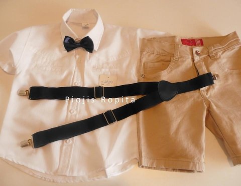 Conjunto set cortejo casamiento camisa blanca bermuda beige tiradores y moño negro