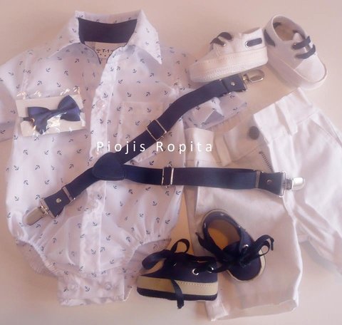 Set Fiesta Cumpleaños body camisa bermuda gabardina zapatos nauticos tiradores y moño