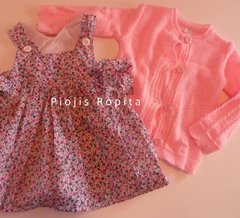 Set conjunto vestido floreado y saquito tejido rosa