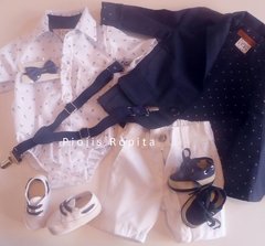 Traje Fiesta Cumpleaños saco blazer azul body camisa bermuda gabardina zapatos nauticos tiradores y moño