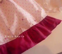 Set conjunto vestido con lunares violeta y saquito tejido blanco - comprar online