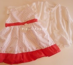 Set conjunto vestido con lunares rojos y saquito tejido blanco
