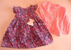 Set conjunto vestido floreado y saquito tejido rosa - Piojis Ropita Importada