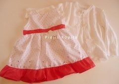 Imagen de Set conjunto vestido con lunares rojos y saquito tejido blanco