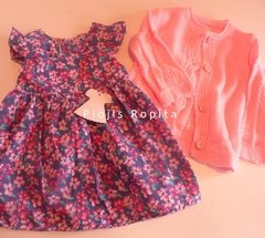 Set conjunto vestido floreado y saquito tejido rosa