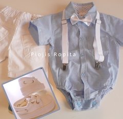 Set Fiesta Cumpleaños body camisa bermuda verano zapatos nauticos tiradores y moño