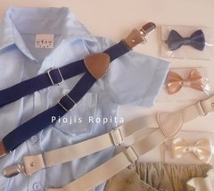 Set conjunto bautismo body camisa bermuda moños y tiradores - tienda online