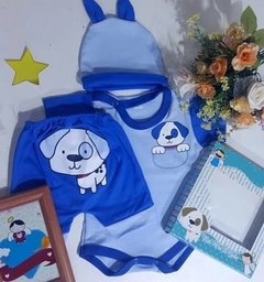 Set Conjunto ajuar de perrito bebe regalo de nacimiento body babucha y gorro con orejas azul