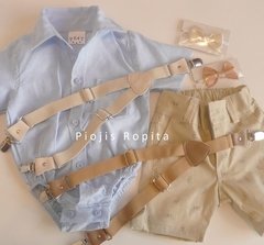 Set conjunto bautismo body camisa bermuda moños y tiradores