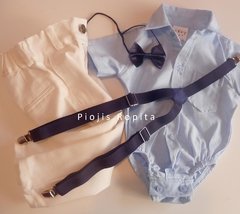 Set conjunto bautismo body camisa pantalon tiradores y moño