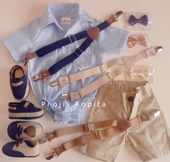 Set conjunto bautismo body camisa bermuda zapatos moños y tiradores